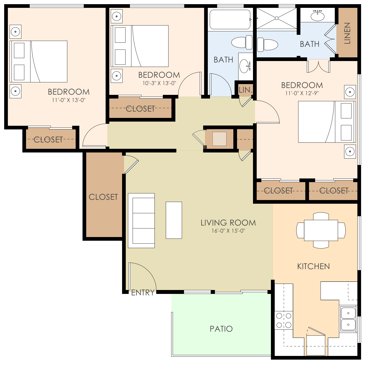 Floor plan for 3 beds, 2 baths, 1072 sqft